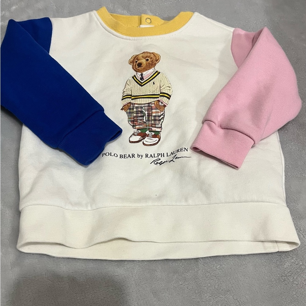 Ralph Lauren Kids Bear Sweatshirt with Blue and Pink Sleeves